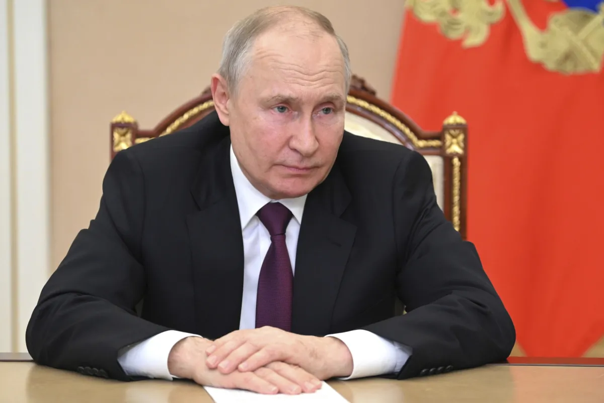Russian President Vladimir Putin chairs a meeting on economic issues via a video conference at the Kremlin in Moscow on July 25, 2023. (Alexander Kazakov, Sputnik, Kremlin Pool Photo via AP)