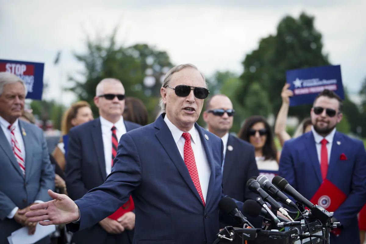 Rep. Andy Biggs (R-Ariz.) speaks during a House Freedom Caucus press conference on appropriations at House Triangle on Capitol Hill in Washington on July 25, 2023. (Madalina Vasiliu/The Epoch Times)