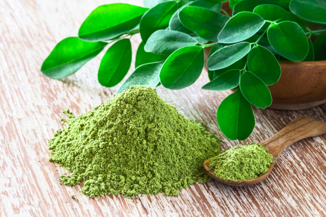 Moringa powder (Moringa Oleifera) with fresh Moringa leaves. (Rostovtsevayu/Shutterstock)