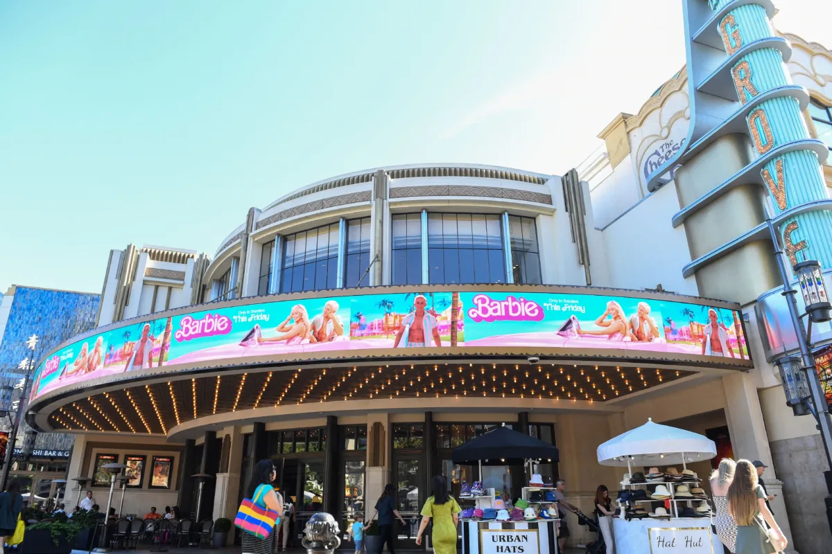 Grove's Theater marquee announcing the opening of "Barbie" movie is pictured in Los Angeles on July 20, 2023. (Valerie Macon/AFP via Getty Images)
