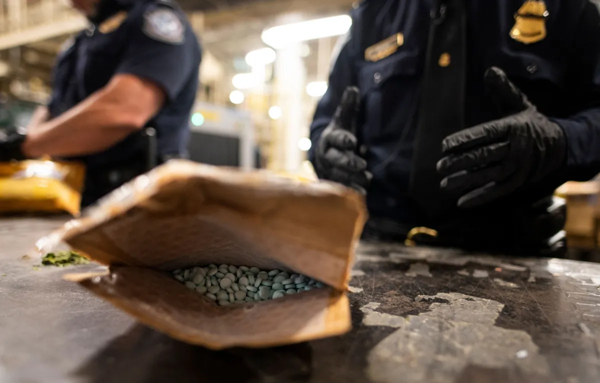 An officer from the U.S. Customs and Border Protection, Trade and Cargo Division finds Oxycodone pills in a parcel at John F. Kennedy Airport's US Postal Service facility in New York on June 24, 2019. (Johannes Eisele/AFP via Getty Images)