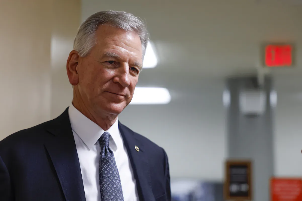 Sen. Tommy Tuberville (R-Ala.) speaks to reporters in the Senate Subway of the U.S. Capitol Building in Washington on July 19, 2023. (Anna Moneymaker/Getty Images)