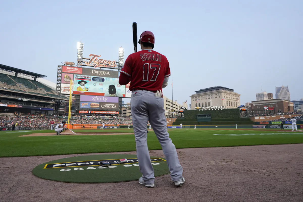 Los Angeles Angels designated hitter Shohei Ohtani prepares to bat during the third inning of a baseball game against the Detroit Tigers in Detroit on July 25, 2023. (Carlos Osorio/AP Photo)