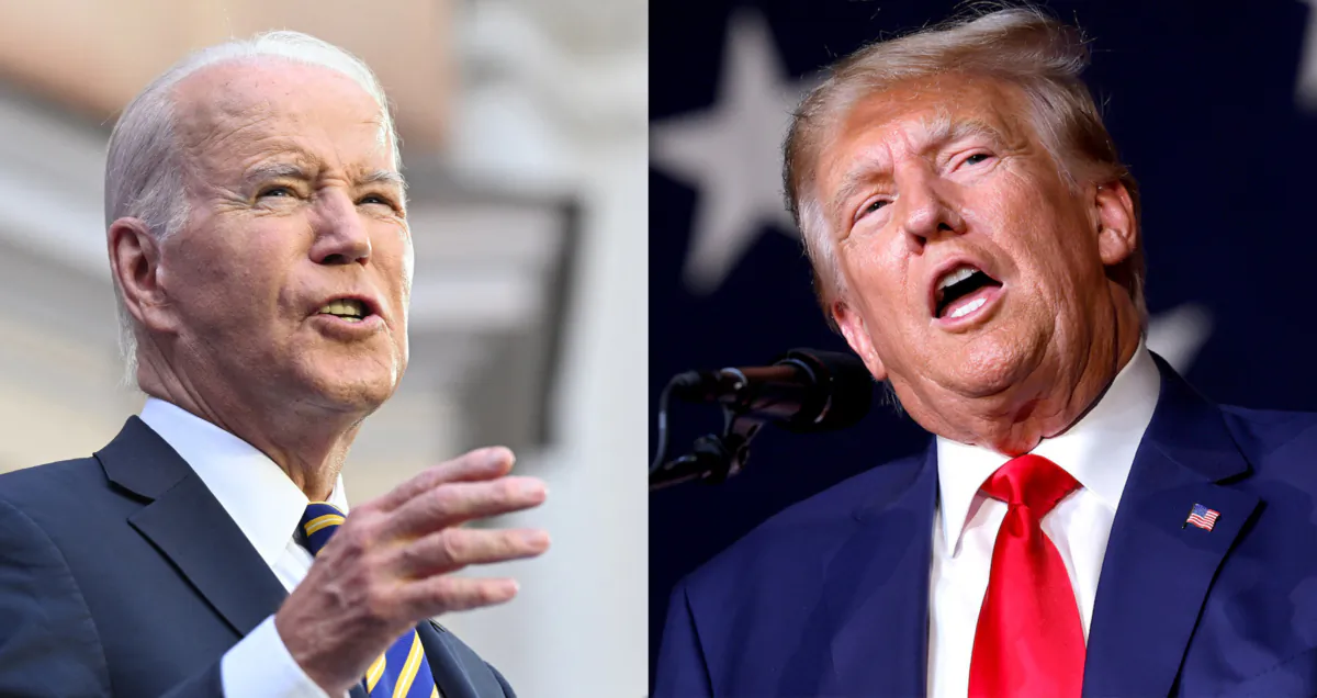 President Joe Biden delivers a speech on NATO at the Vilnius University in Vilnius, Lithuania, on July 12, 2023, after the end of the NATO Summit. (Andrew Caballero-Reynolds/AFP via Getty Images) / Former U.S. President Donald Trump delivers remarks during the Georgia state GOP convention at the Columbus Convention and Trade Center in Columbus, Ga., on June 10, 2023. (Anna Moneymaker/Getty Images)
