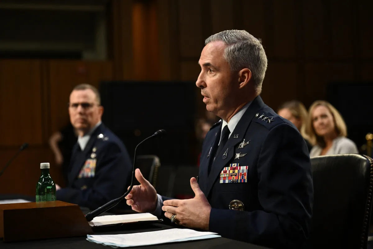 Air Force Lt. Gen. Gregory Guillot (L), nominee to be general and commander of the US Northern Command and commander of the North American Aerospace Defense Command (NORAD), and Space Force Lt. Gen. Stephen Whiting (R), nominee to be general and commander of the US Space Command, on Capitol Hill in Washington on July 26, 2023. (Brendan Smialowski/AFP via Getty Images)