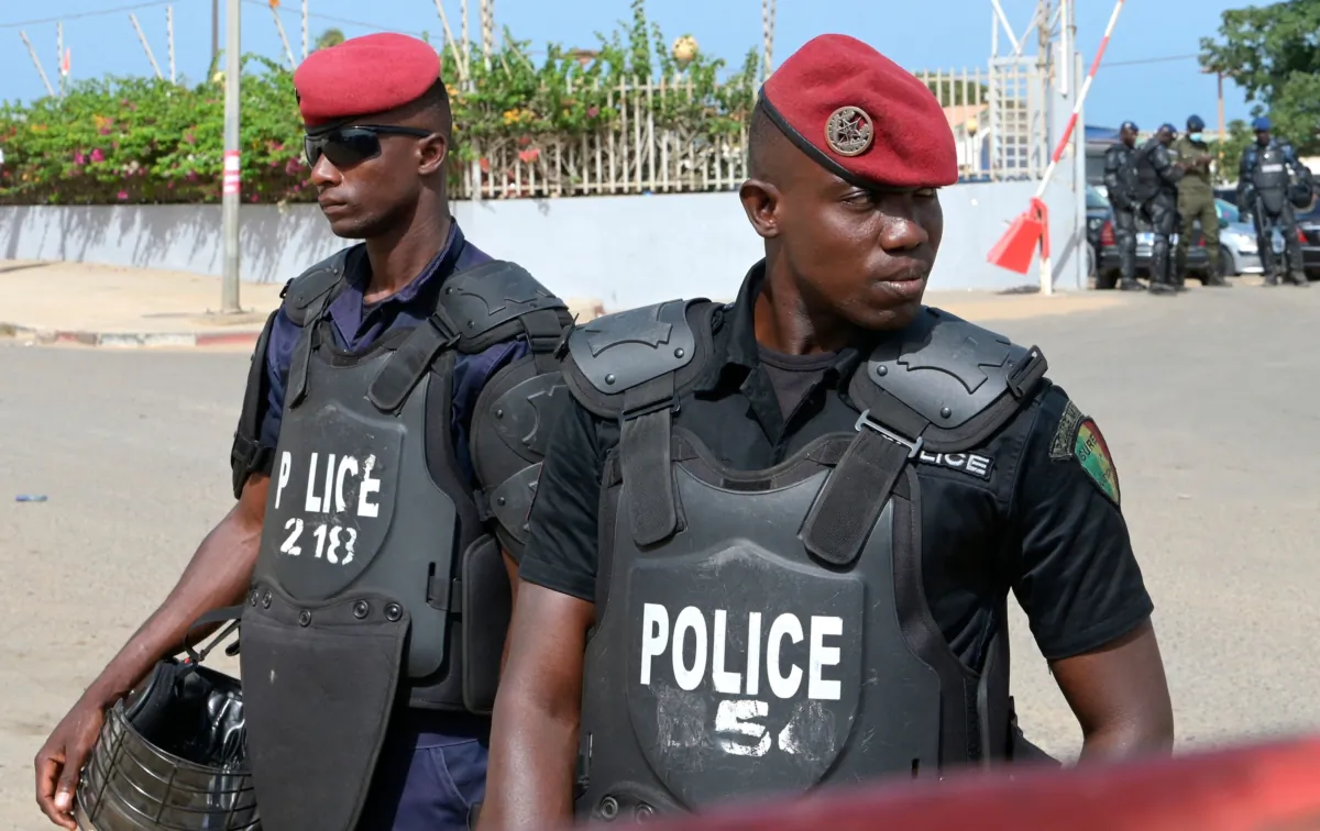 Senegalese policemen and gendarmes are seen at the entrance to the Dakar courthouse in Senegal on June 1, 2023. (Seyllou/AFP via Getty Images)