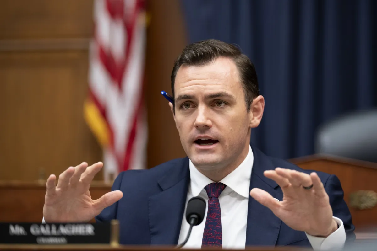 Subcommittee chairman Rep. Mike Gallagher (R-Wis.) speaks during a House Armed Services Subcommittee on Cyber, Information Technologies and Innovation hearing about artificial intelligence, on Capitol Hill in Washington on July 18, 2023. (Drew Angerer/Getty Images)