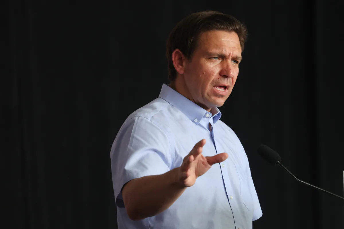 Republican presidential candidate and Florida Gov. Ron DeSantis speaks at U.S. Rep. Zach Nunn’s “Operation Top Nunn: Salute to Our Troops" fundraiser in Ankeny, Iowa, on July 15, 2023. (Scott Olson/Getty Images)