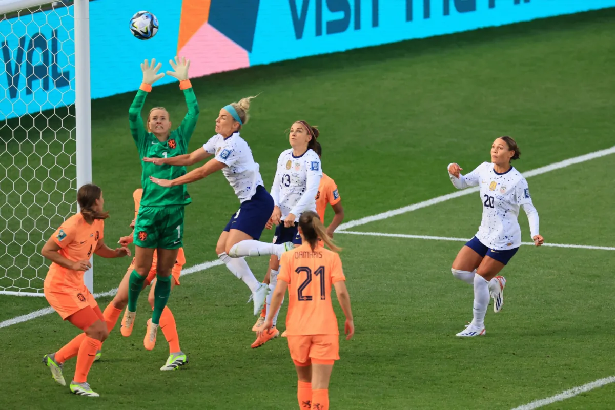Netherlands' goalkeeper Daphne van Domselaar (2nd L) makes a save during the Australia and New Zealand 2023 Women's World Cup Group E football match between the United States and the Netherlands at Wellington Stadium in Wellington, Australia, on July 27, 2023. (Grant Down/AFP via Getty Images)