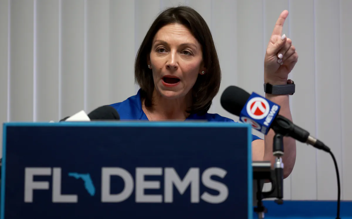 Nikki Fried, chairwoman of the Florida Democratic Party, holds a press conference criticizing Florida Gov. Ron DeSantis and his response to the recent flooding in Fort Lauderdale, Fla., on April 18, 2023. (Joe Raedle/Getty Images)