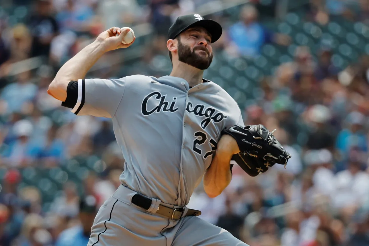 Chicago White Sox starting pitcher Lucas Giolito throws to the Minnesota Twins in the second inning of a baseball game in Minneapolis on July 23, 2023. (Bruce Kluckhohn/AP Photo)