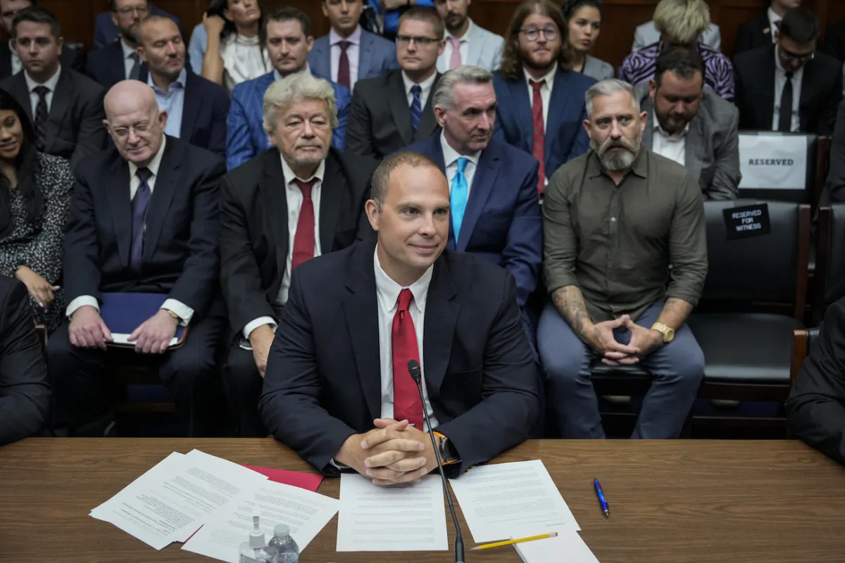 David Grusch, former National Reconnaissance Officer Representative of Unidentified Anomalous Phenomena Task Force at the U.S. Department of Defense, takes his seat at a House Oversight Committee hearing titled "Unidentified Anomalous Phenomena: Implications on National Security, Public Safety, and Government Transparency" on Capitol Hill in Washington, on July 26, 2023. (Drew Angerer/Getty Images)