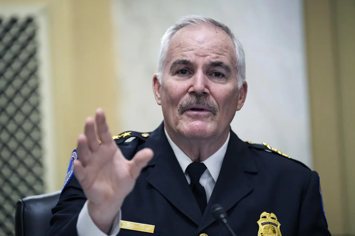 U.S. Capitol Police Chief J. Thomas Manger testifies during a Senate hearing on Jan. 5, 2022. (Tom Williams/AFP via Getty Images)
