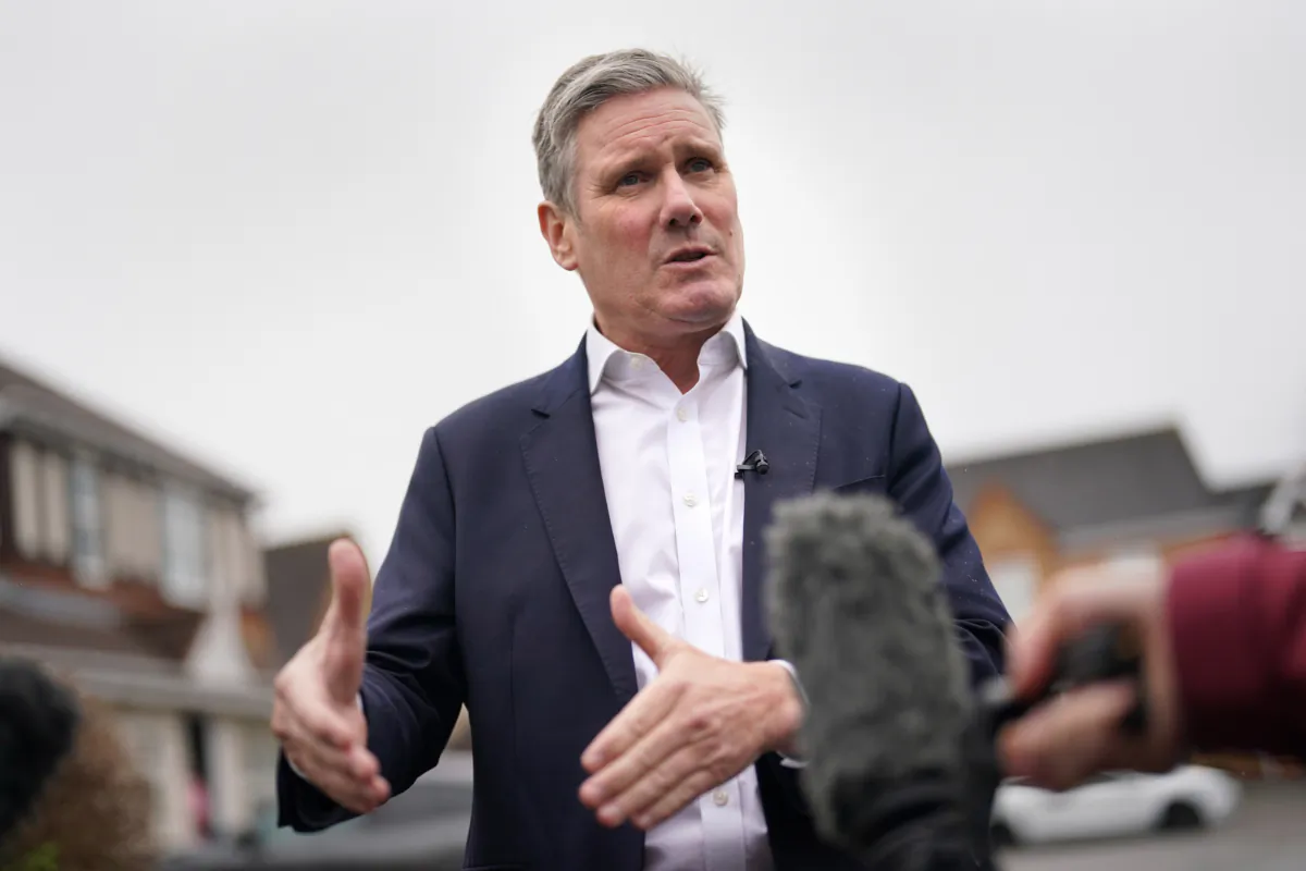 Labour leader Sir Keir Starmer speaking to the media during a visit to Shefford, England, on July 22, 2023. (Jacob King/PA)