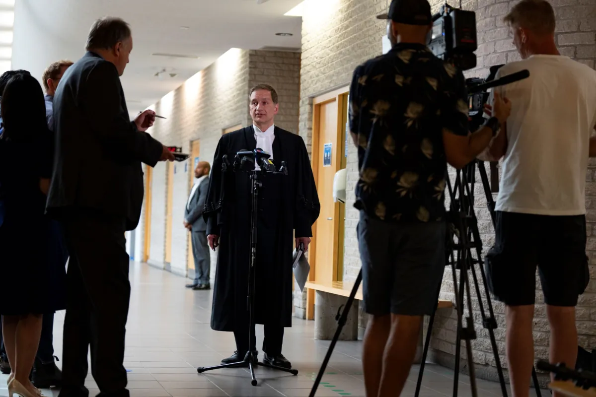 Federal Crown prosecutor Marc Cigana, who is working on the case of a former RCMP officer charged with aiding China, speaks
with the media at the courthouse in Longueuil, Que., on July 25, 2023. (The Canadian Press/Christinne Muschi)