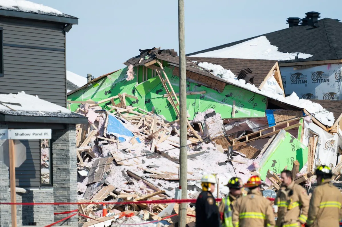 Damage is seen following an early morning gas leak explosion in the Orleans area of Ottawa, on Feb. 13, 2023. (The Canadian Press/Spencer Colby)
