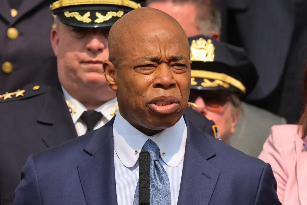 New York Mayor Eric Adams speaks during a press conference at the NYPD 40th Precinct in New York on July 17, 2023. (Michael M. Santiago/Getty Images)
