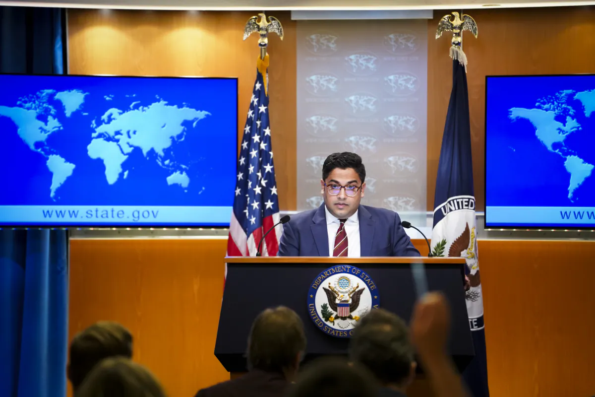State Department spokesperson Vedant Patel speaks with reporters during a press briefing at the Department of State in Washington on July 27, 2023. (Madalina Vasiliu/The Epoch Times)