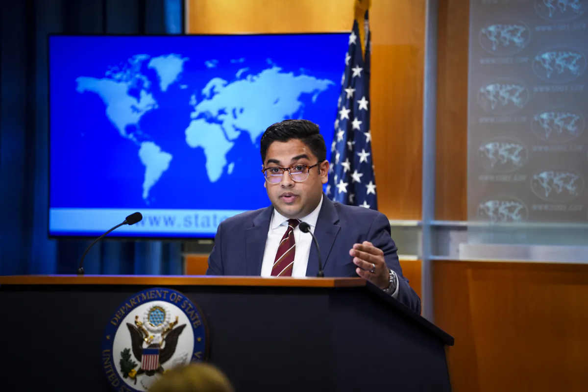 State Department Spokesperson Principal Deputy Vedant Patel speaks with reporters during a press briefing at the Department of State in Washington on July 27, 2023. (Madalina Vasiliu/The Epoch Times)