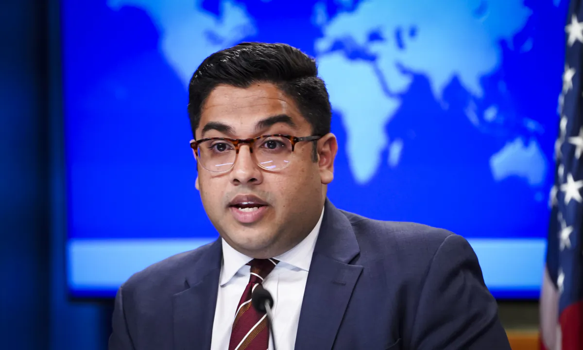 State Department Spokesperson Principal Deputy Vedant Patel speaks with reporters during a press briefing at the Department of State in Washington on July 27, 2023. (Madalina Vasiliu/The Epoch Times)