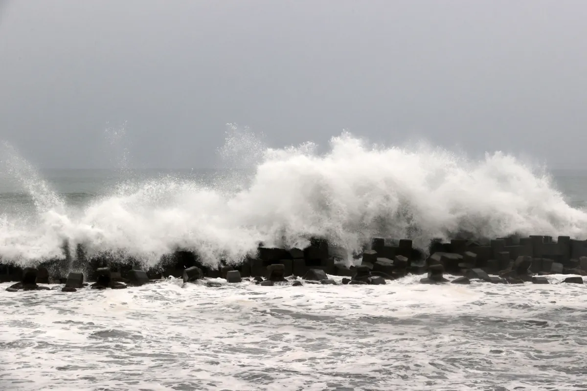 Sea waves near the coast in Linbian in western Pingtung County on July 26, 2023, as Typhoon Doksuri past southern Taiwan. (Johnson Liu/AFP via Getty Images)