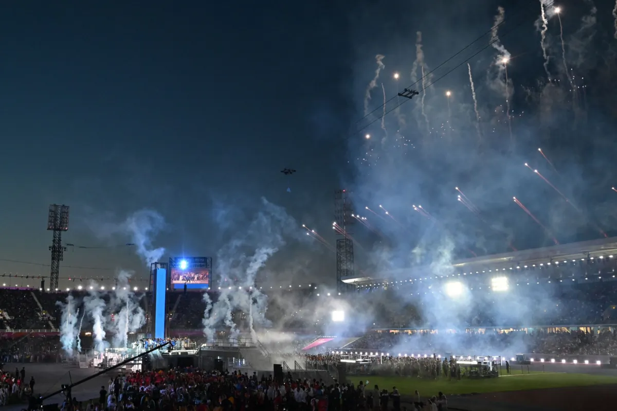 Fireworks erupt over the Alexander Stadium during the closing ceremony for the Commonwealth Games in Birmingham, central England, on August 8, 2022. (Glyn Kirk/AFP via Getty Images)
