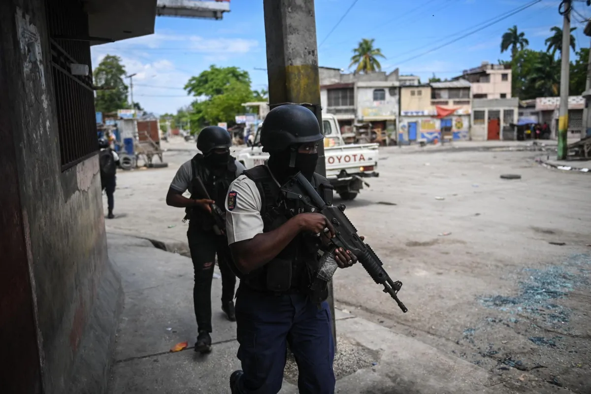 Police officers patrol a neighborhood amid gang-related violence in downtown Port-au-Prince, Haiti, on April 25, 2023. (Richard Pierrin/AFP via Getty Images)