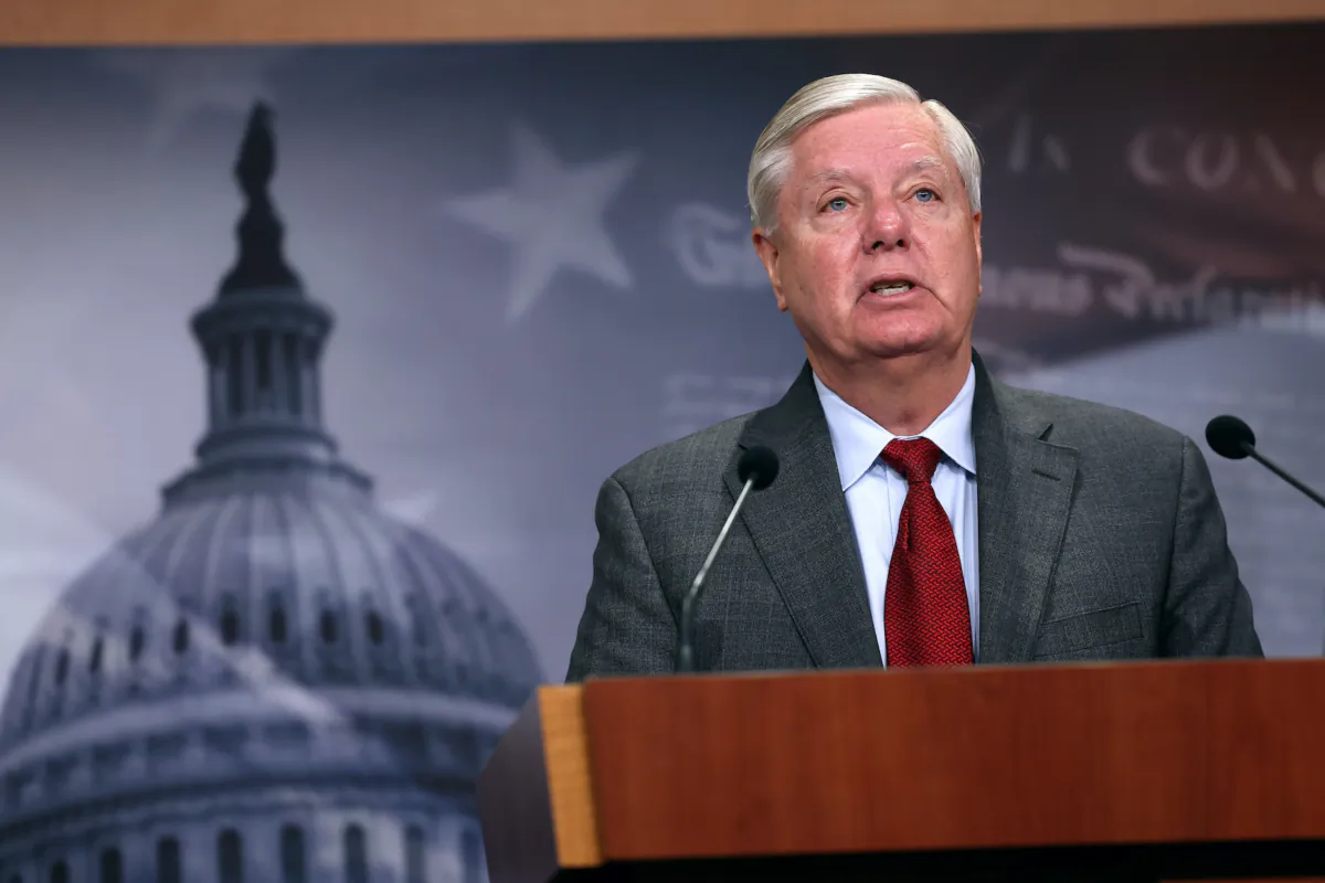 U.S. Sen. Lindsey Graham (R-S.C.) speaks to press in Washington on May 3, 2023. (Kevin Dietsch/Getty Images)