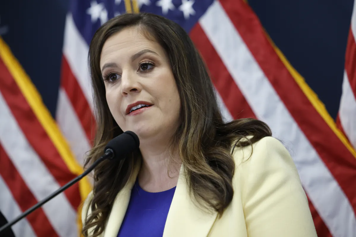 Rep. Elise Stefanik (R-N.Y.) speaks at a press conference following a House Republican caucus meeting at the U.S. Capitol in Washington on May 16, 2023. (Kevin Dietsch/Getty Images)