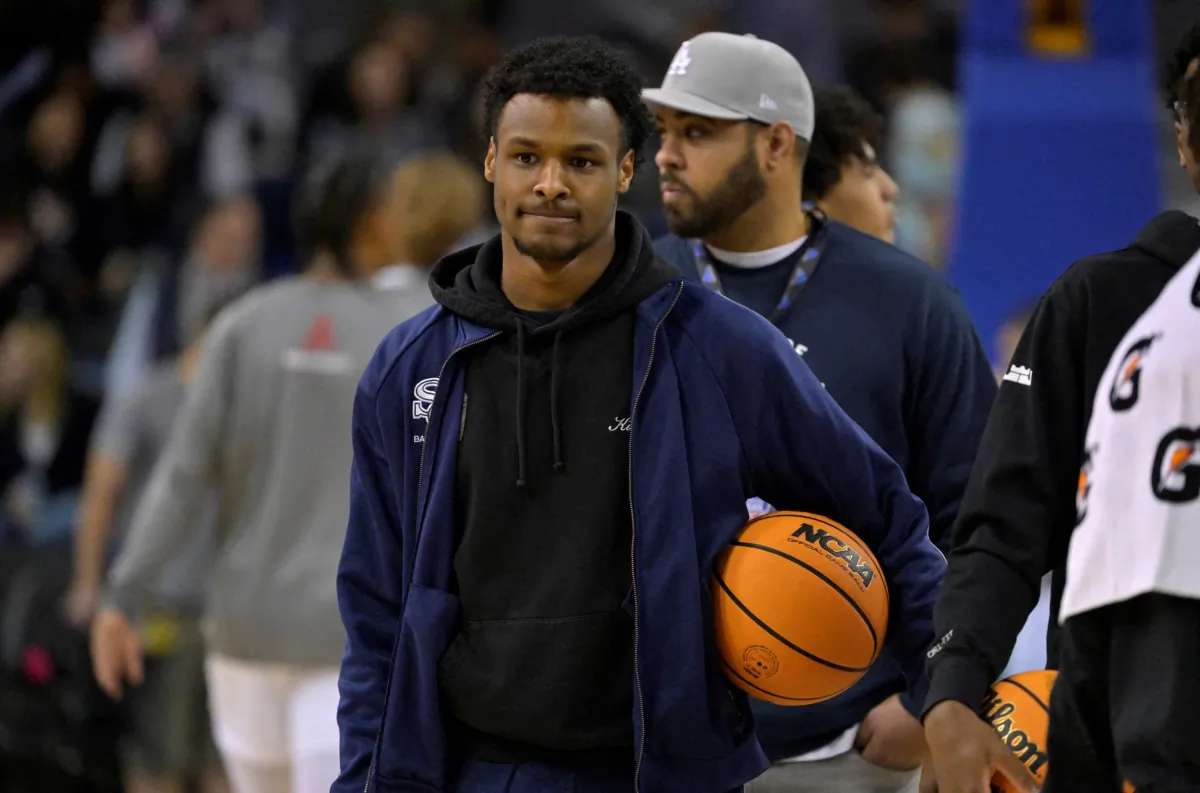 Sierra Canyon Trailblazers point guard Bronny James looks on during warm up for the Battle of the Valley against the Notre Dame Knights played at Pauley Pavilion in Los Angeles on Jan. 27, 2023. (Jayne Kamin-Oncea/USA TODAY Sports via Reuters)