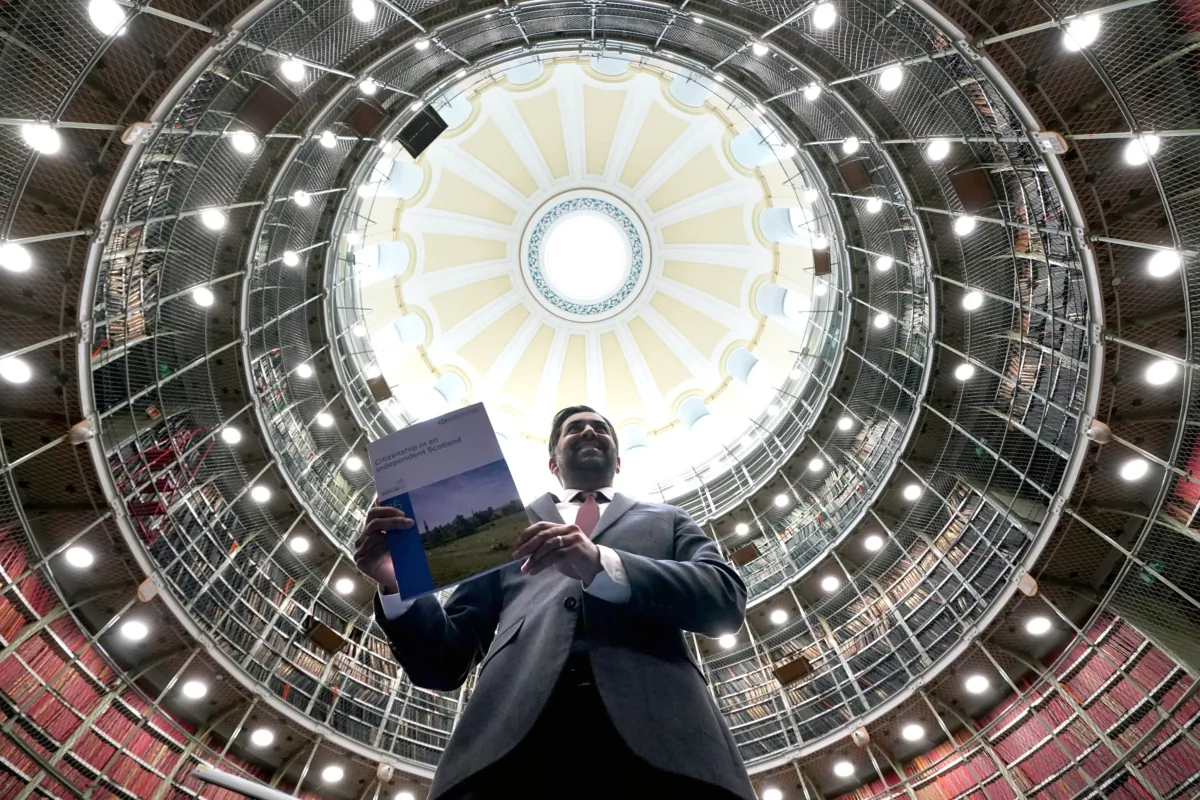 First Minister Humza Yousaf at the launch of a policy paper on citizenship in an independent Scotland, at the National Records Of Scotland in Edinburgh. Dated July 27, 2023. (Andrew Milligan/PA Wire)