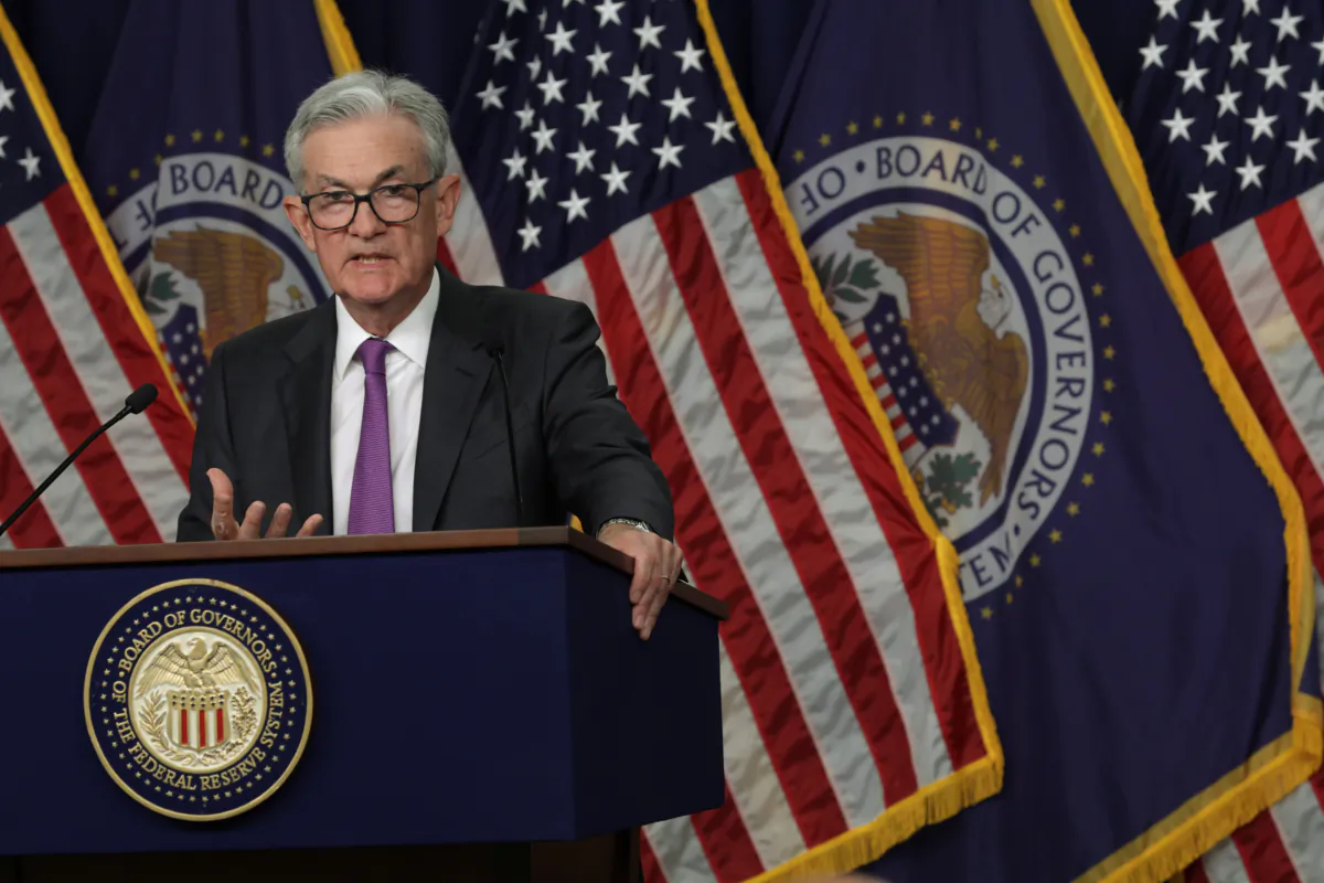 Federal Reserve Board Chair Jerome Powell speaks during a news conference after a Federal Open Market Committee meeting at the Federal Reserve in Washington on July 26, 2023. The Federal Reserve announced that it will raise the interest rate by a quarter of a percentage point, bringing the benchmark borrowing rate to a range of 5.25% and 5.5%. (Alex Wong/Getty Images)