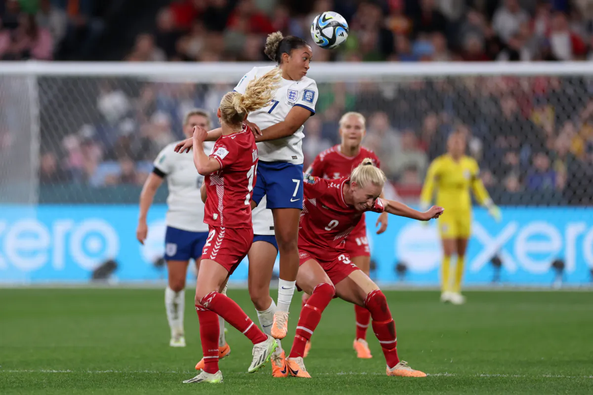Lauren James of England competes for the ball against Amalie Vangsgaard of Denmark uring the FIFA Women's World Cup Australia & New Zealand 2023 Group D match between England and Denmark at Sydney Football Stadium in Sydney, Australia, on July 28, 2023. (Cameron Spencer/Getty Images)