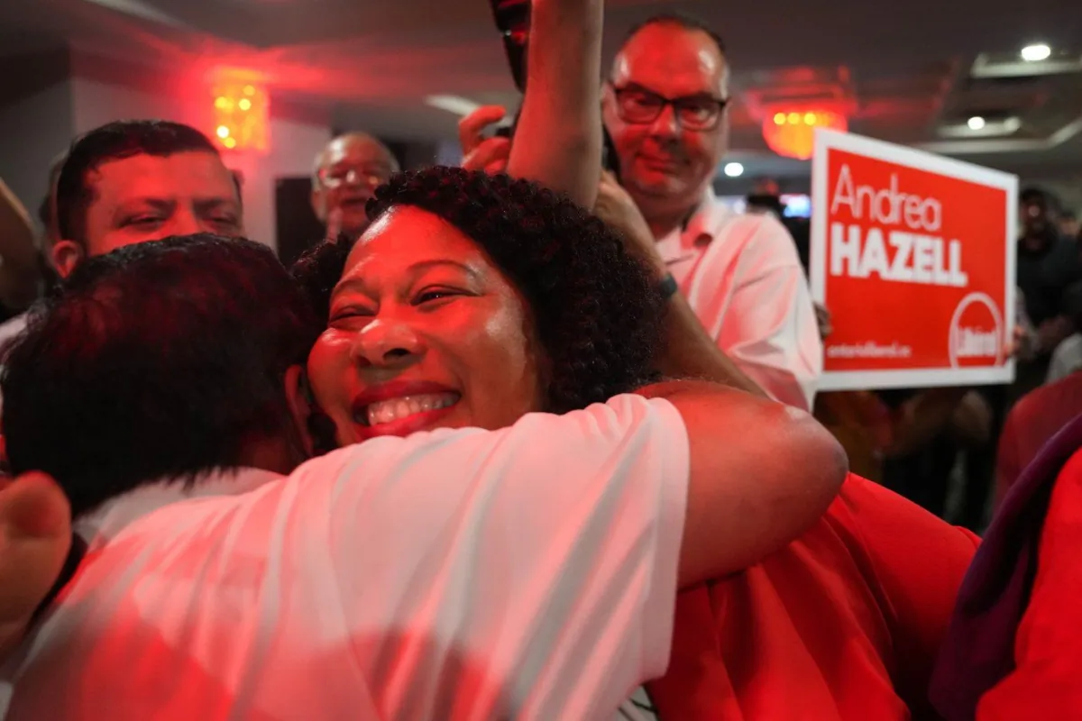Liberal candidate Andrea Hazell attends her celebration party after winning the Scarborough-Guildwood Ontario provincial byelection, in Scarborough, on July 27, 2023. (The Canadian Press/Chris Young)