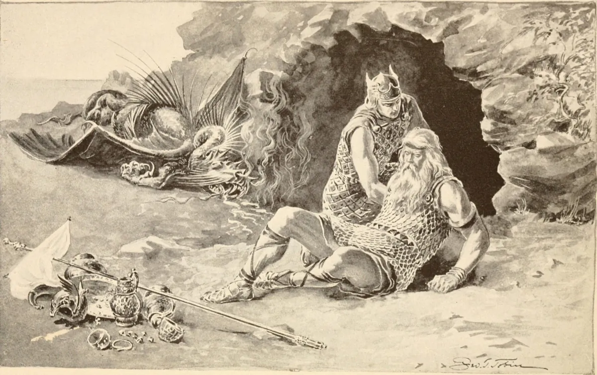 Wiglaf finds Beowulf after killing the dragon. From "Siegfried the Hero of the North and Beowulf the Hero of the Anglo Saxons," 1900. (Public Domain)