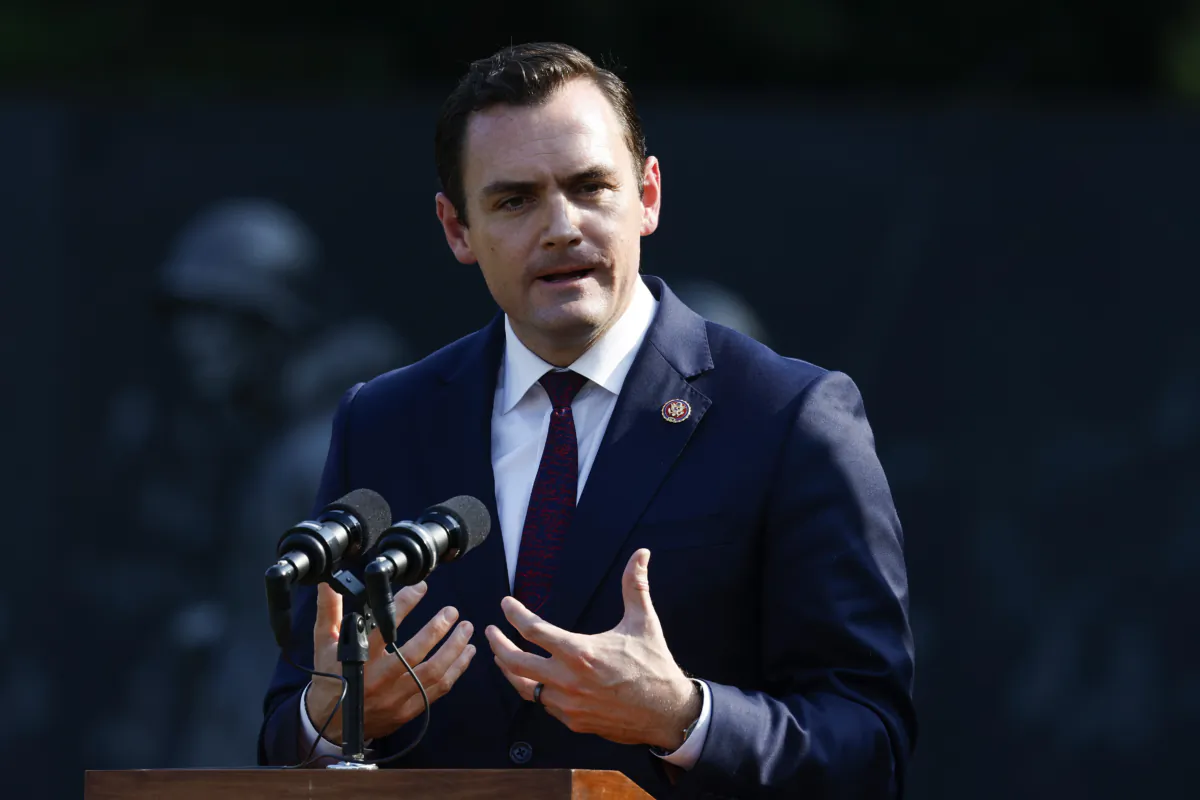 Rep. Mike Gallager (R-Wis.) speaks during a ceremony commemorating 70th anniversary of the Korean Armistice Agreement at the Korean War Veterans Memorial at the National Mall in Washington on July 27, 2023. (Anna Moneymaker/Getty Images)