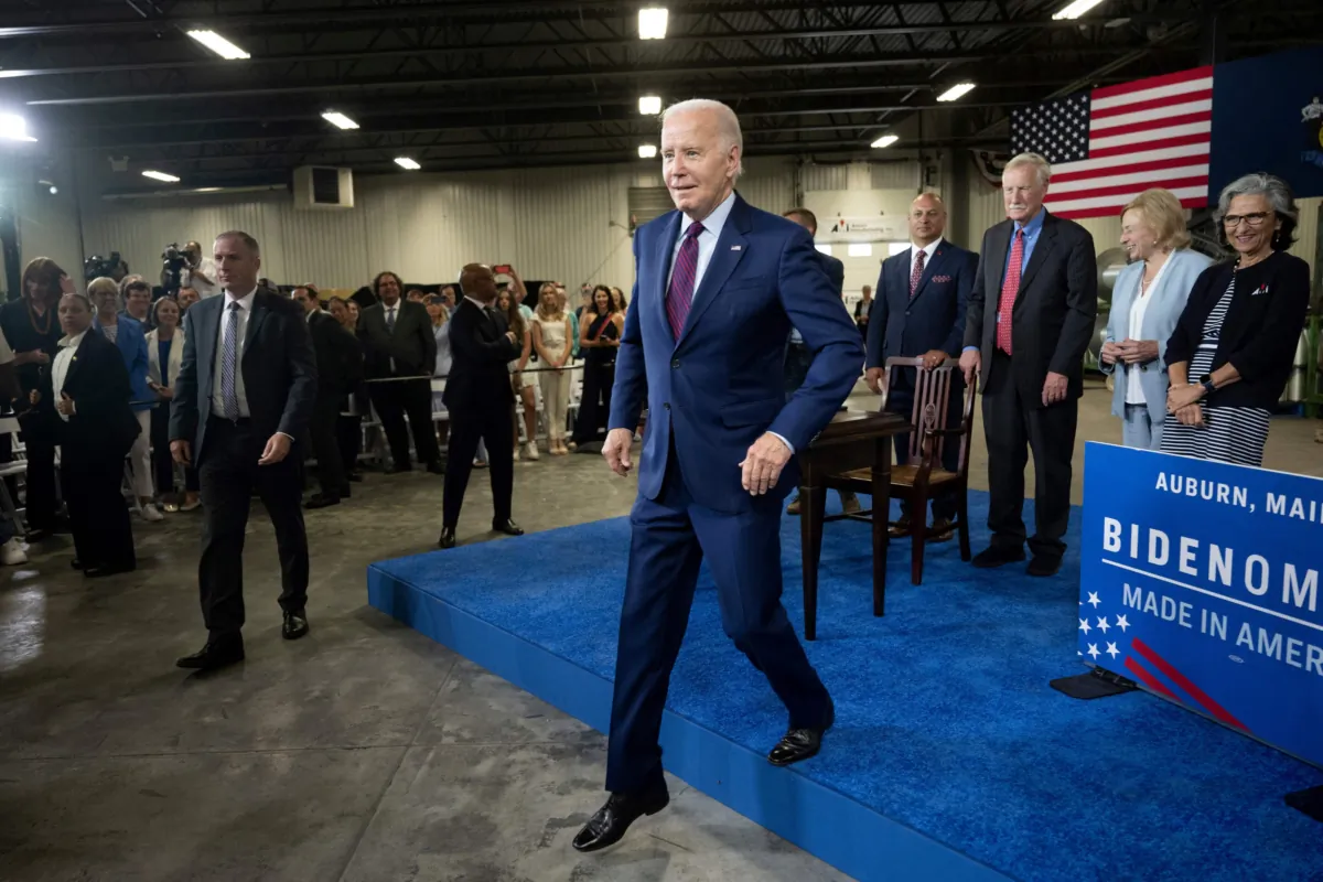 President Joe Biden walks off stage after speaking about his economic plan "Bidenomics" at Auburn Manufacturing Inc., in Auburn, Maine, on July 28, 2023. (Brendan Smialowski /AFP via Getty Images)
