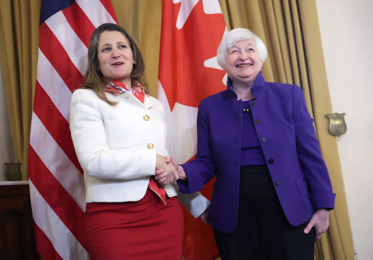 U.S. Treasury Secretary Janet Yellen (R) meets with Deputy Prime Minister and Finance Minister of Canada Chrystia Freeland at the Department of the Treasury in Washington, D.C., on Jan. 10, 2023. (Kevin Dietsch/Getty Images)