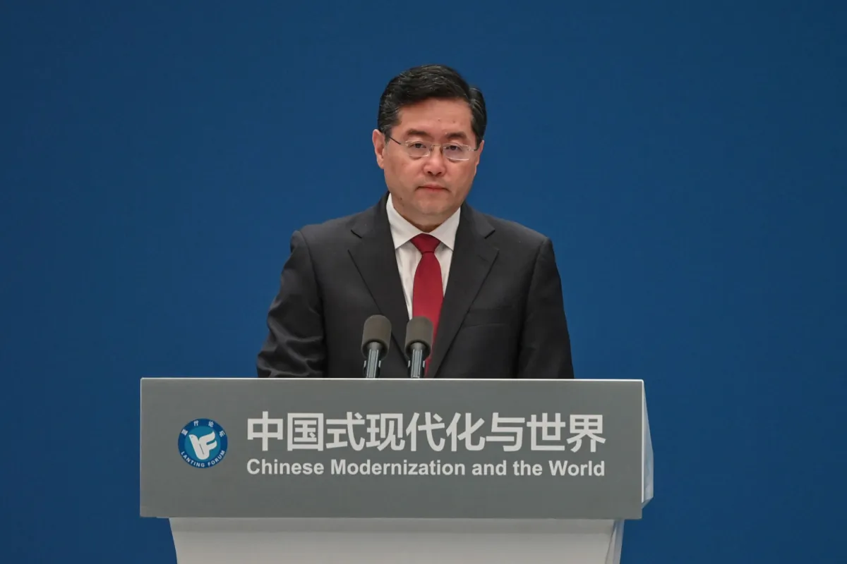 Qin Gang, State Councilor and Foreign Minister of China, delivers a speech during the opening ceremony of the Lanting Forum, held under the theme of "Chinese Modernization and the World", at the Grand Halls, in Shanghai, on April 21, 2023. (Photo by Hector RETAMAL / AFP via Getty Images)