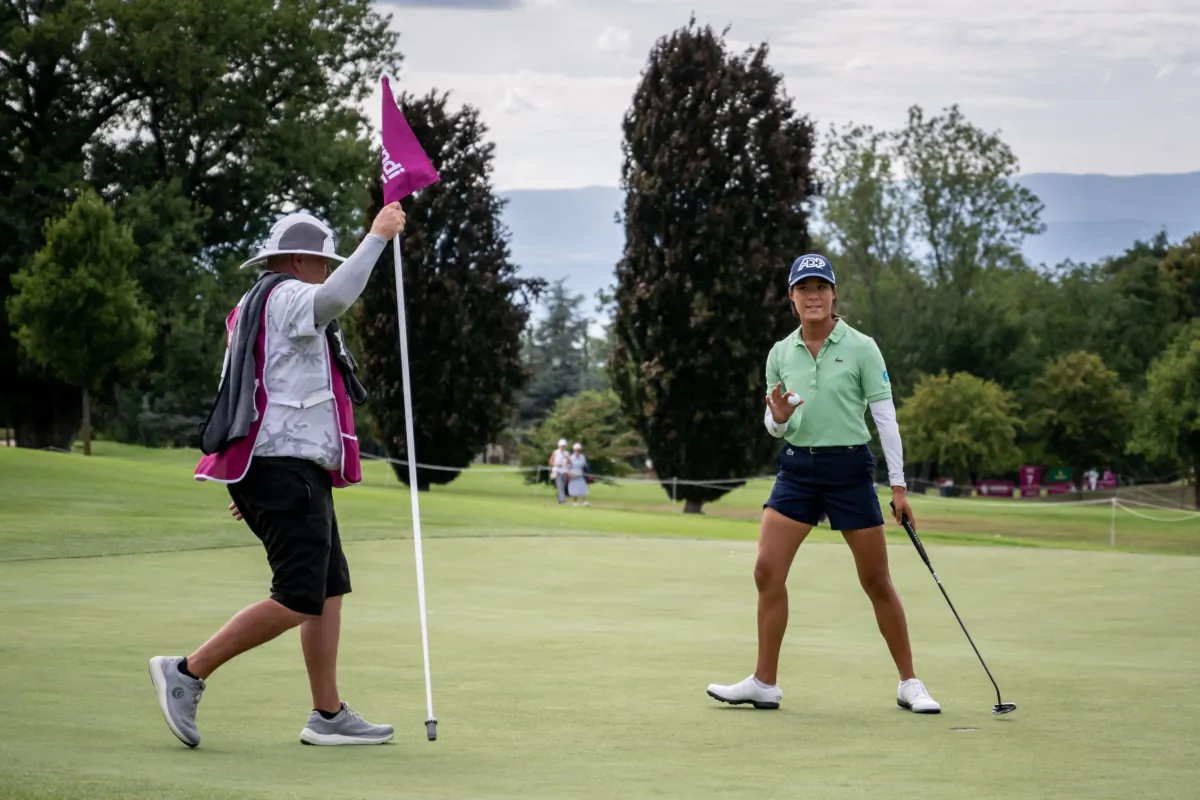 France's Celine Boutier competes during the Evian Championship, a women LPGA major golf tournament in Evian-les-Bains, French Alps, on July 28, 2023. (Fabrice Coffrini/AFP via Getty Images)