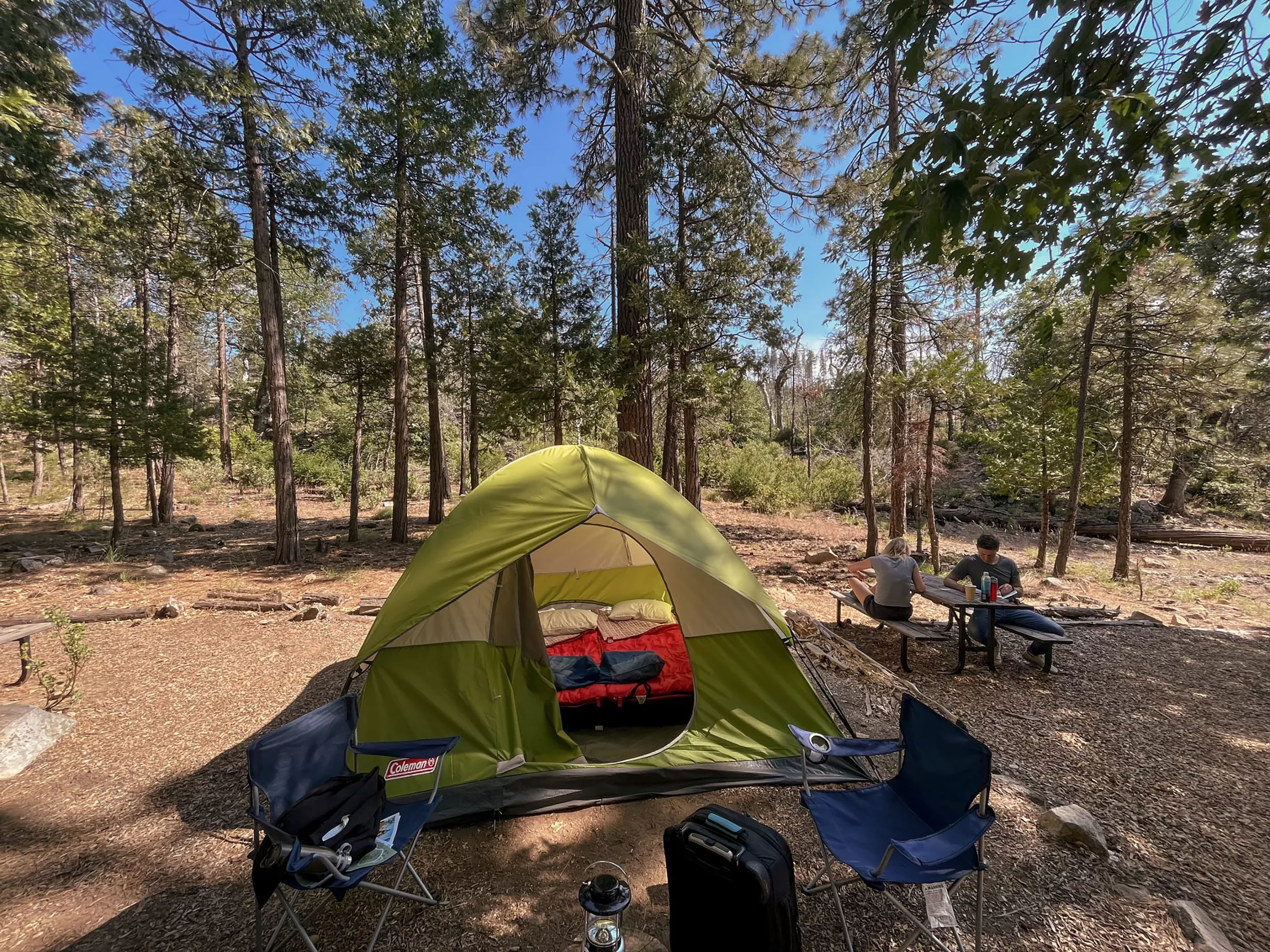 The Evergreen Lodge in Groveland includes lodgings and a tent-camping area where peak-season prices begin at $130 for a night in a pre-pitched tent. 