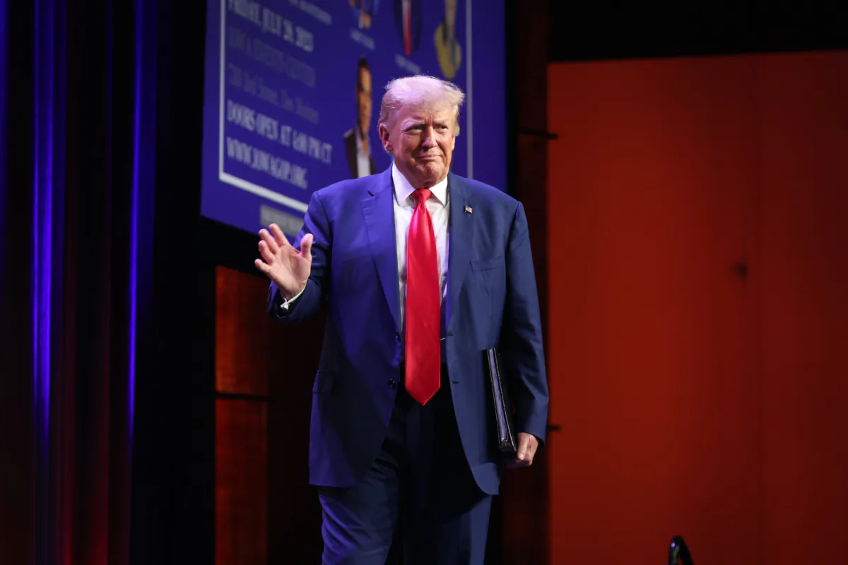 Republican presidential candidate former President Donald Trump at the Republican Party of Iowa 2023 Lincoln Dinner in Des Moines, Iowa on July 28, 2023. (Scott Olson/Getty Images)