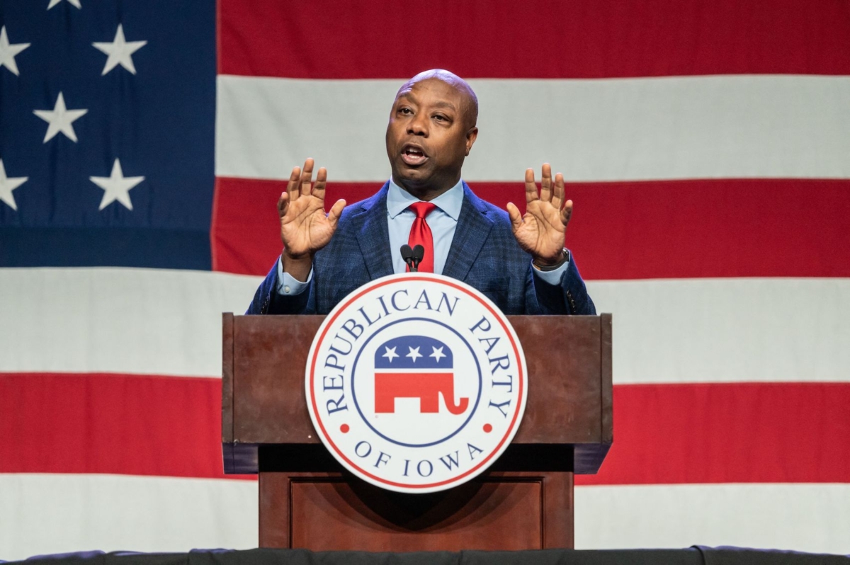 U.S. Senator and 2024 Republican Presidential hopeful Tim Scott speaks at the Republican Party of Iowa's 2023 Lincoln Dinner at the Iowa Events Center in Des Moines, Iowa, on July 28, 2023. (Sergio Flores/AFP via Getty Images)