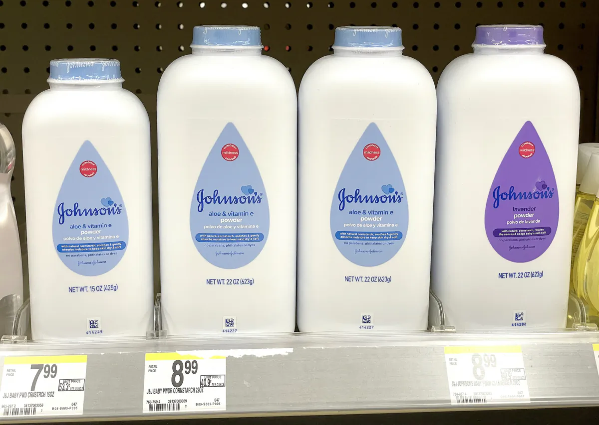 Containers of Johnson & Johnson baby powder are displayed on a Walgreens shelf in San Anselmo, Calif., on April 5, 2023. (Justin Sullivan/Getty Images)