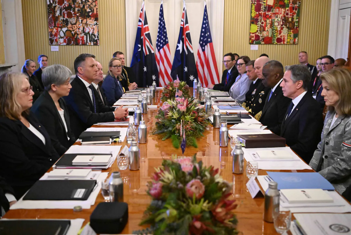 Australia-United States Ministerial Consultations with The Minister for Foreign Affairs, Senator the Hon Penny Wong, Deputy Prime Minister and Minister for Defence, the Hon Richard Marles MP (on left), along with their United States counterparts (on right) Secretary of State Antony J. Blinken and Secretary of Defense Lloyd J. Austin III as part of AUSMIN talks in Brisbane, July 29, 2023. (AAP Image/Pool,Dan Peled)