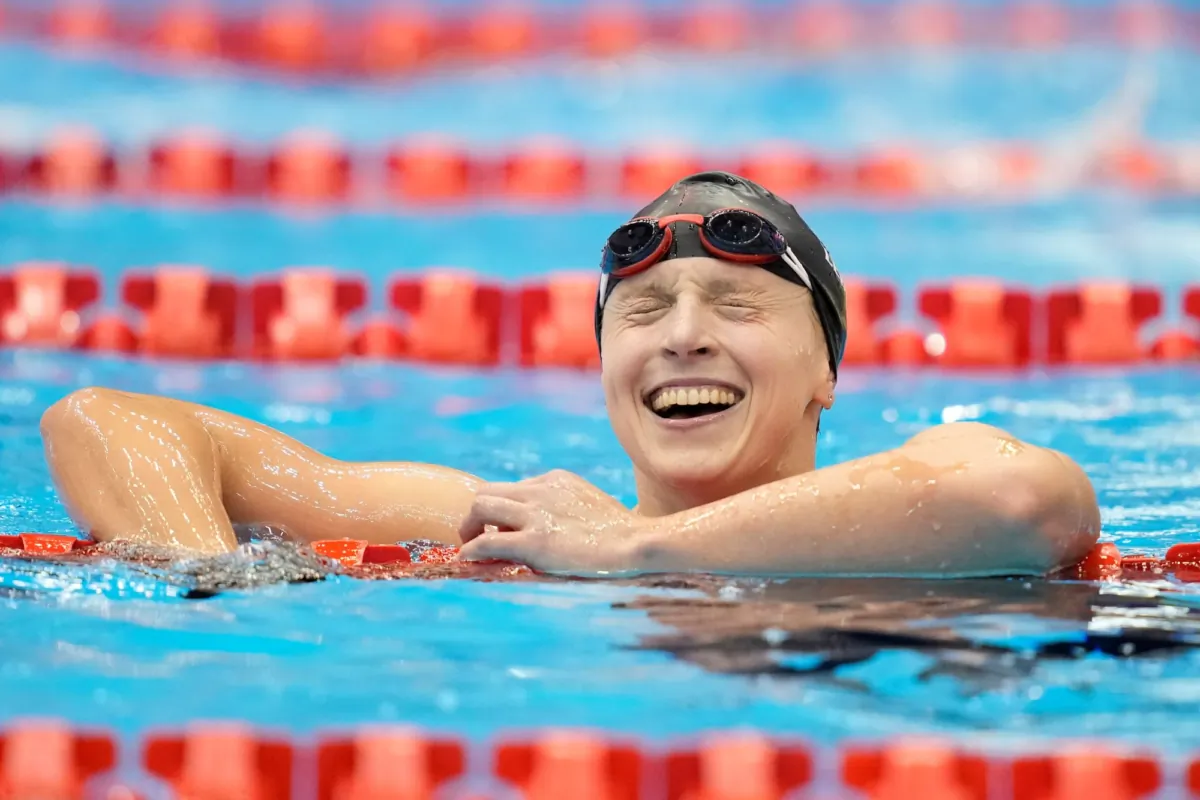 Katie Ledecky of the U.S. celebrates after winning the women's 800m freestyle final at the World Swimming Championships in Fukuoka, Japan, on July 29, 2023. (Eugene Hoshiko/AP Photo)