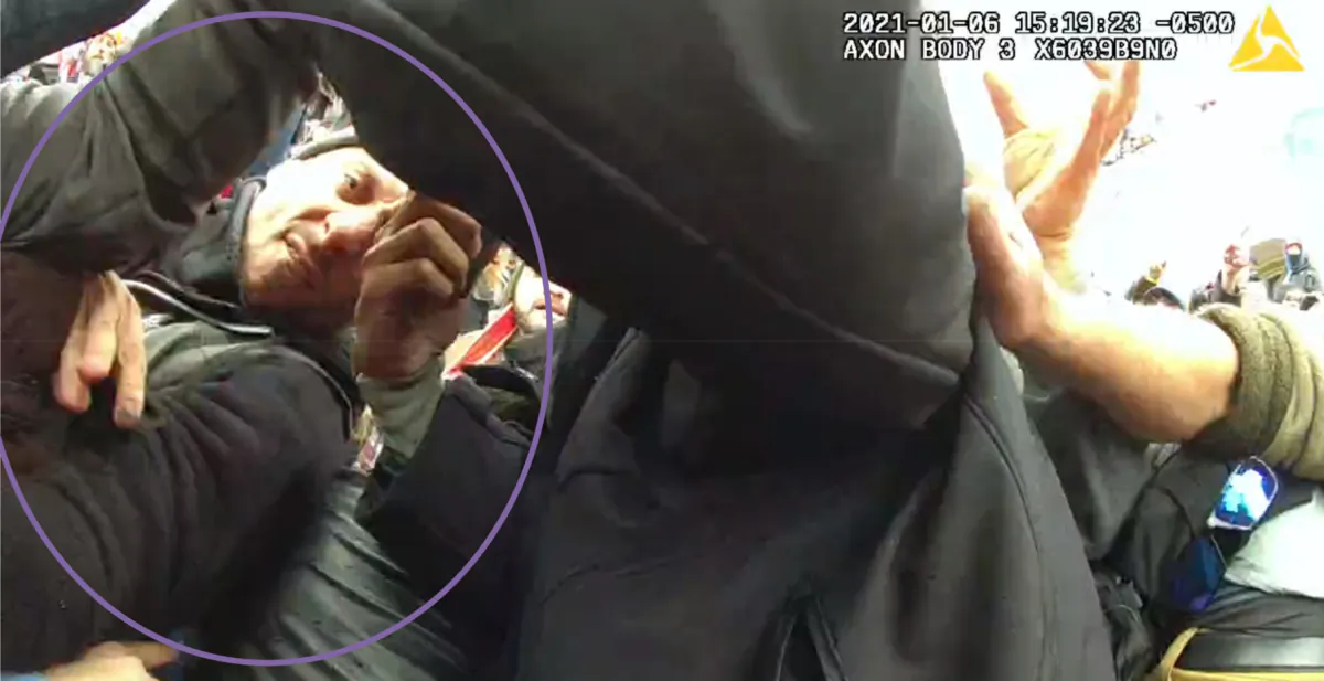 Thomas Sibick (L), circled by the Justice Department, during the breach at the U.S. Capitol in Washington on Jan. 6, 2021. (Justice Department via AP)
