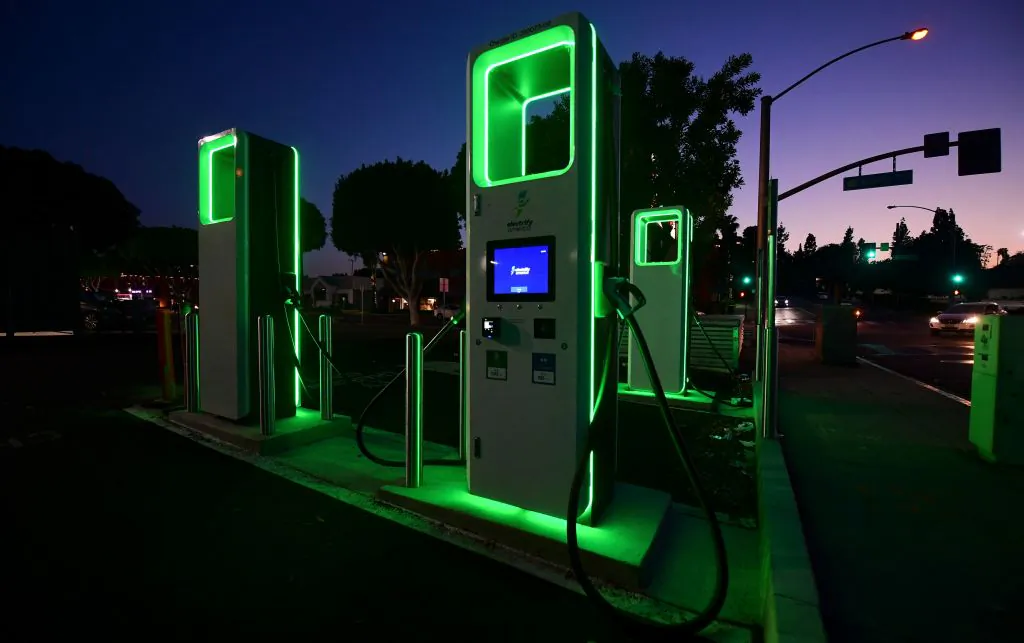 An Electric Vehicle charging station in Monterey Park, Calif. on May 18, 2021. (FREDERIC J. BROWN/AFP via Getty Images)