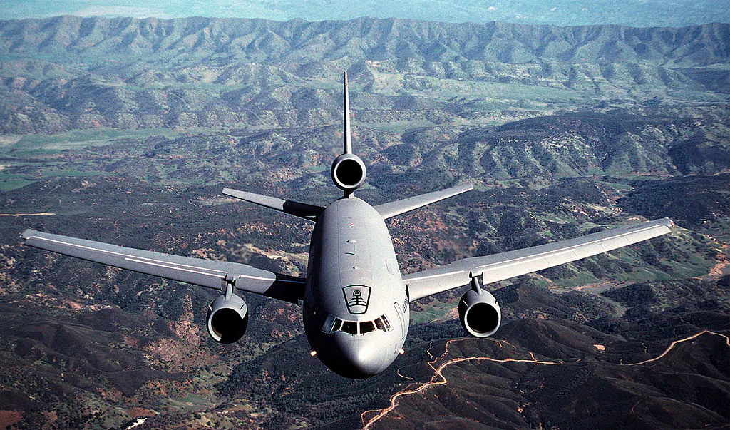 A 79th Air Refueling Squadron KC-10A Extender aircraft flies over a mountain range near Travis Air Force Base in Solano County, Calif., in a file image. (U.S. Air Force)
