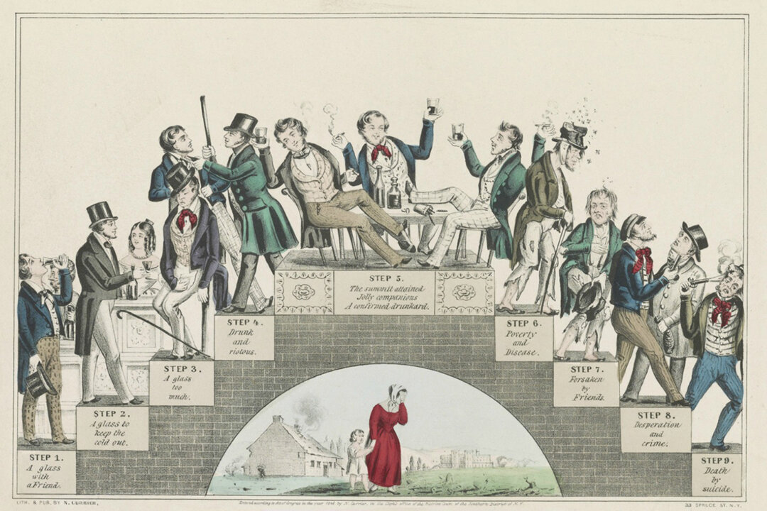 A Lithograph supporting the temperance movement, "The Drunkard's Progress: From the First Glass to the Grave," circa 1846, by  Nathaniel Currier. Library of Congress. (Public Domain)